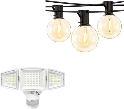 Lepro Bundle - White LED Security Light 3 Adjustable Heads & 50 ft Outdoor String Lights 25 LED G40 Edison Bulbs String Lights