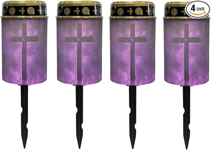 Poceacles Cross Solar Lights Pack of 4 Waterproof Solar Garden Lights Cemetery Solar Outdoor Lights Outdoor Stake Automatic Solar Lantern for Cemetery Grave Decoration, Cross Galaxy Violet