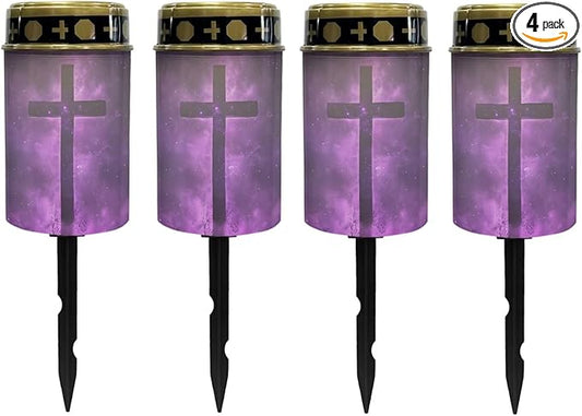 Poceacles Cross Solar Lights Pack of 4 Waterproof Solar Garden Lights Cemetery Solar Outdoor Lights Outdoor Stake Automatic Solar Lantern for Cemetery Grave Decoration, Cross Galaxy Violet
