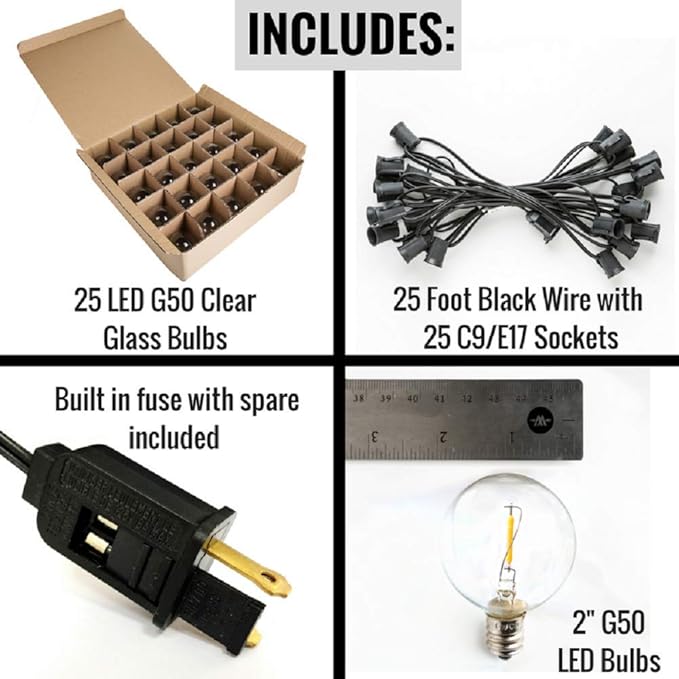 Hometown Evolution, Inc. G50 2" LED Filament Outdoor Patio String Lights with 0.6 Watt Light Bulbs (G50 LED - Black | Lumora