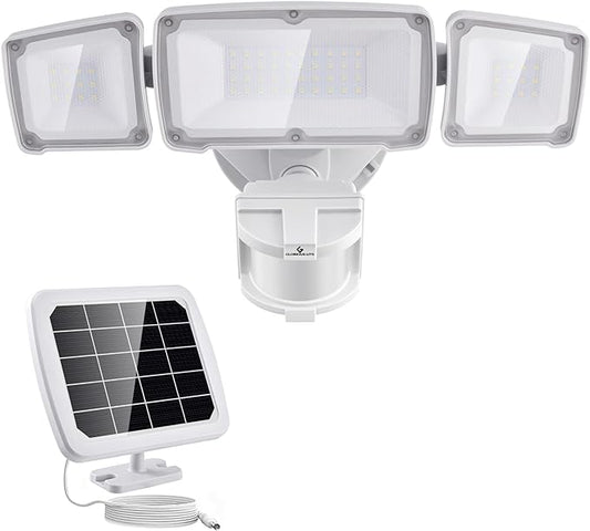 GLORIOUS-LITE Solar Security Lights 2400mAh LED Motion Sensor Light Outdoor, Rechargable 1600lm Solar Flood Light, 5500-6000K, IP 65 Waterproof for Garage, Yard, Porch, Entryways - White