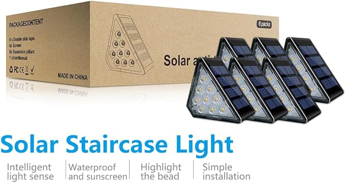 Solar Step Lights, Stair Fence Triangle Lights IP67 Outdoor Waterproof LED Deck Light for Garden Yard Patio, Porch, Front Door, Outside, Pathway, Warm White 6 Pack