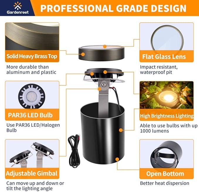 Gardenreet LED Well Lights Brass - In-Ground Low Voltage Replaceable Bulb All Weather Lighting, 12V Wired Light | Lumora