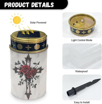 Solar Cross for Cemetery Grave Rose Grave Decorations for Cemetery Waterproof Dusk to Dawn Sensor Solar Grave Lamp for Cemetery Bereavement Gifts 2 Pack
