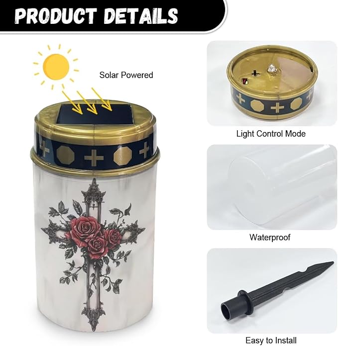 Solar Cross for Cemetery Grave Rose Grave Decorations for Cemetery Waterproof Dusk to Dawn Sensor Solar Grave Lamp for Cemetery Bereavement Gifts