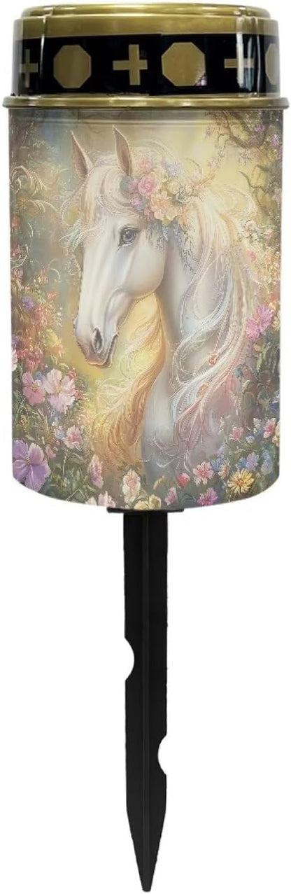 ZOUTAIRONG White Horse Floral Solar Light for Cemetery Grave Outdoor Waterproof Powered Solar Pathway Lights 4 Pack Outdoor Cemetery Lights for Grave