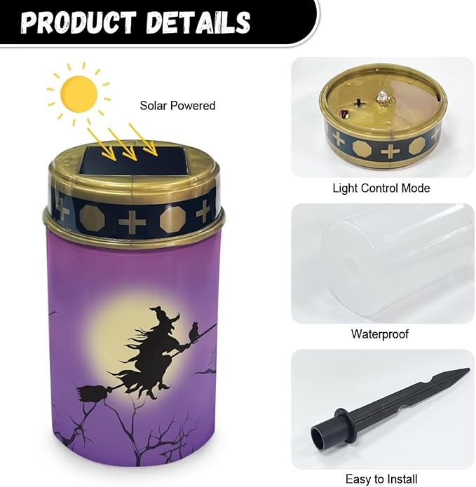 Solar Garden Lights Witch Moon Print Solar Outdoor Lights Waterproof Solar Lights for Cemetery Halloween Decoration Landscape Path Lights LED Solar Lamp for Yard Garden Driveway