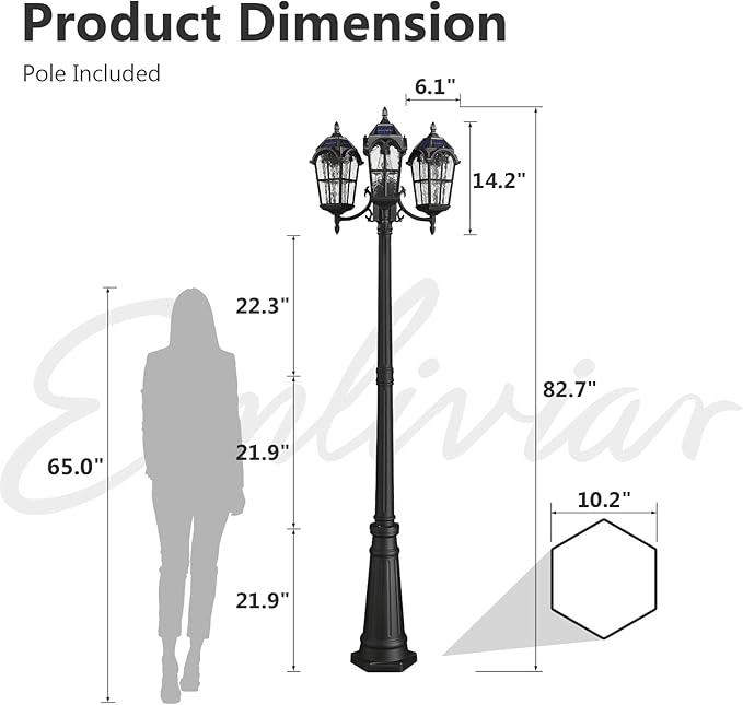 Emliviar 82.7" 3-Head Outdoor Solar Lamp Street Lights, Dusk to Dawn Post Lighting for Driveway Garden, LED | Lumora