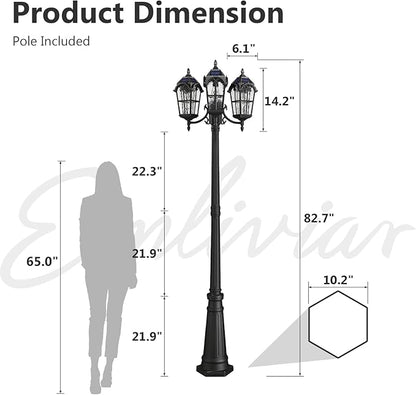 Emliviar 82.7" 3-Head Outdoor Solar Lamp Street Lights, Dusk to Dawn Post Lighting for Driveway Garden, LED Exterior Black Pole Light with Water Grain Glass, YXE302PL-3 SL BK
