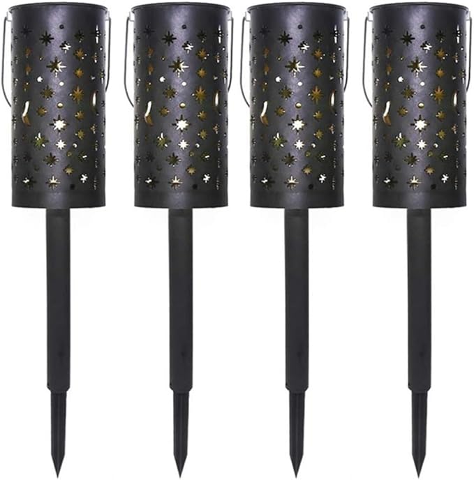 Kisangel 4pcs Solar Stake Lamps Iron Star and Crescent Cutout Lawn Lights Solar-Powered Outdoor Garden Path Lighting for Yard Decoration