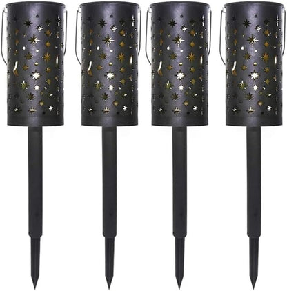 Kisangel 4pcs Solar Stake Lamps Iron Star and Crescent Cutout Lawn Lights Solar-Powered Outdoor Garden Path Lighting for Yard Decoration