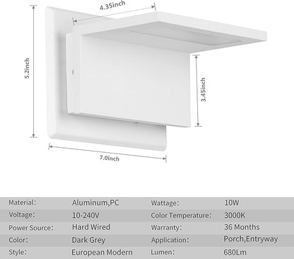 Wall Light Outdoor LED Wall Mount Lamp White Modern Wall Sconce Lighting Lantern Fixture for Porch Front Door Garden Yard Patio IP54 Waterproof 10W 680Lm 3000K