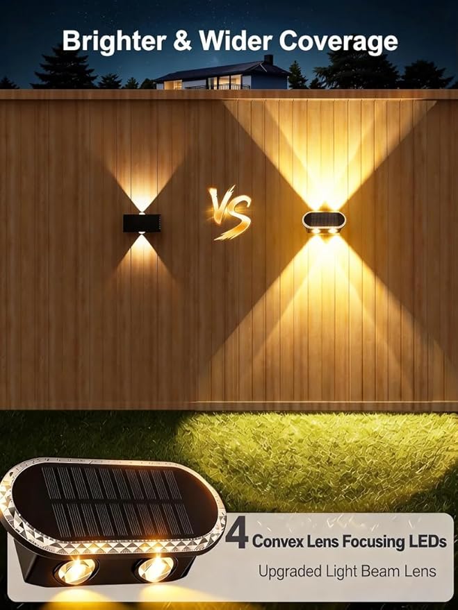 Solar Fence Lights Outdoor: Dual Focused LED Up Down Wall Lighting - IP65 Waterproof - 3000K/4000K/6000K 3 Modes 10-12H Lasting - Easy to Install for Porch Backyard 4 Pack