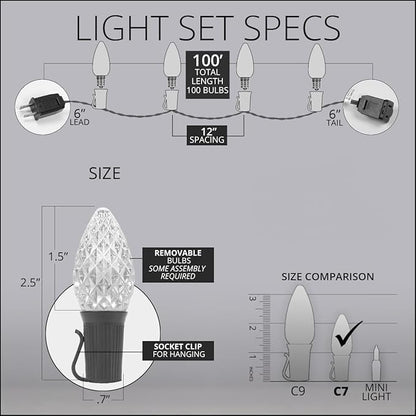 Wintergreen Lighting C7 OptiCore Blue and White Outdoor Christmas Lights - Commercial Grade Cool White and Blue LED Bulbs on Heavy Duty 18 Gauge Green Wire (100 Lights, 100 ft)