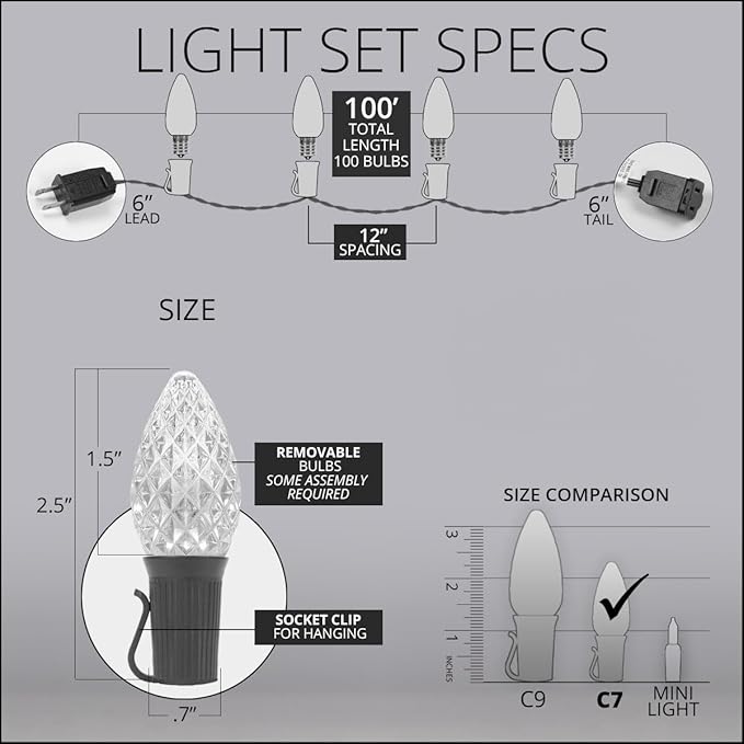 C7 Blue OptiCore Commercial Christmas Lights – LED Bulbs for Outdoor Holiday Party; Green Wire (100 Lights, 100 ft | Lumora
