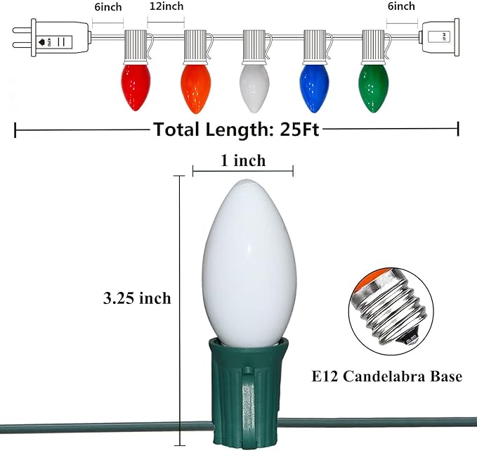 C7 Christmas Lights Outdoor 25Ft Multicolored Christmas Lights with 27 Glass Incandescent Bulbs (2 Spare), Vintage Colorful String Light for Garden Wedding Party Xmas Decorations