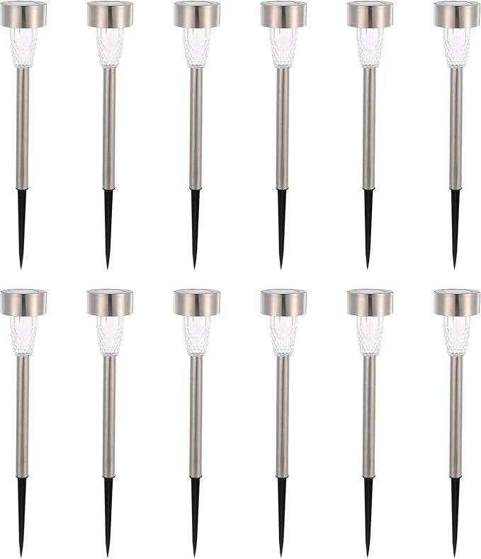 12pcs Solar Garden Stake Lights Stainless Steel White Light Outdoor Solar Pathway Lighting for Yard Patio | Lumora