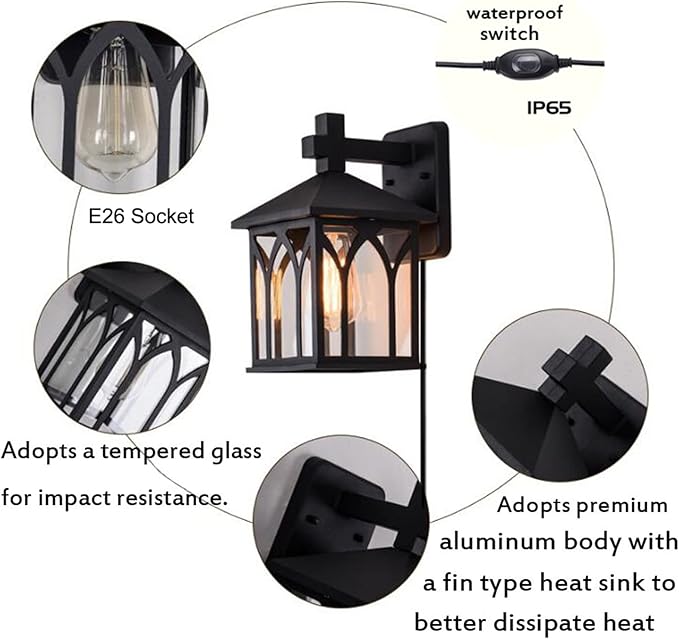 Kiven 1-Light Outdoor -Indoor Plug-in Wall Mount Lantern Downward Fixture Traditional Desigh Black Finish,Clear Glass Shade,UL Listed