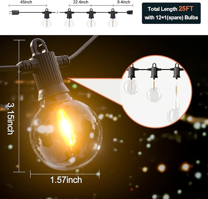 Kawaya Outdoor String Lights 25 FT LED Patio Light with 12+1 Shatterproof Edison Globe Bulbs - IP65 Waterproof | Lumora