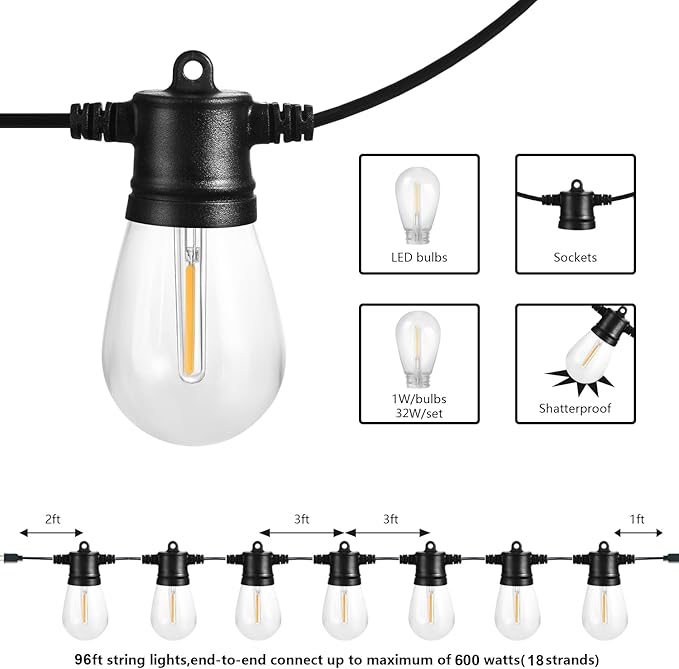 SUNTHIN Outdoor String Lights, 96FT Patio Lights with 32 LED Shatterproof Bulbs, Hanging for Outside, Garden | Lumora