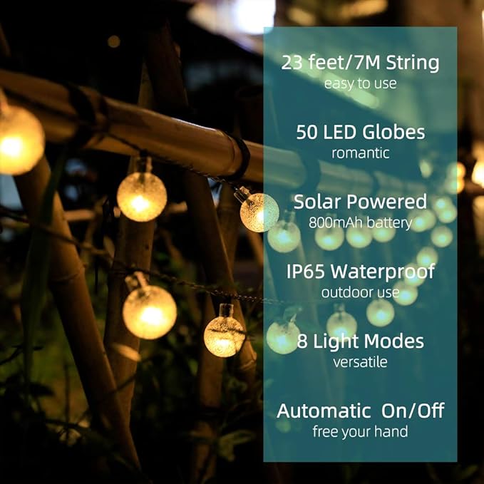 Metaku Solar String Lights Outdoor 23ft 50 LED Globe Lights Solar Powered 8 Modes Auto On/Off Waterproof Decorative Lights for Patio Garden Gazebo Bistro Balcony