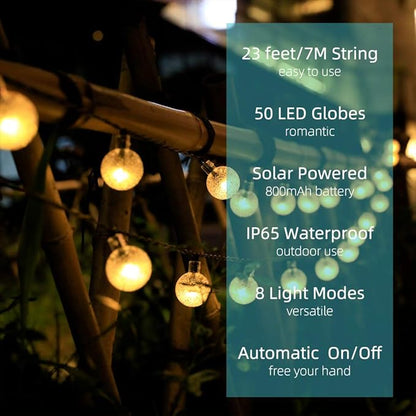 Metaku Solar String Lights Outdoor 23ft 50 LED Globe Lights Solar Powered 8 Modes Auto On/Off Waterproof Decorative Lights for Patio Garden Gazebo Bistro Balcony