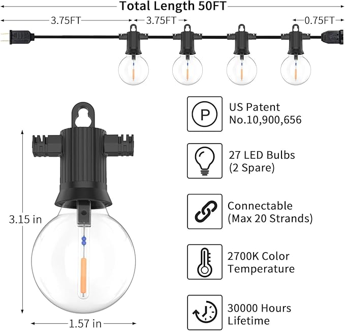 ZOTOYI Outdoor String Lights 50FT, LED Patio Lights with 27 Plastic G40 Bulbs(2 Spare), Waterproof IP65 Edison | Lumora