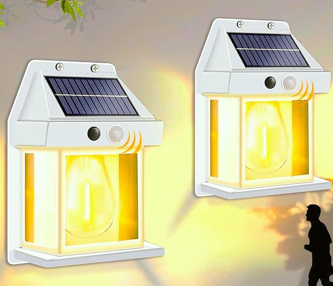 2-Pack 6.8" H Outdoor Solar Wall Light Motion Sensor Porch Flood Dawn Lighting 3 Lights Modes for Patio Garage Shed Barn Door Yard Outside Decorative Waterproot,- White.