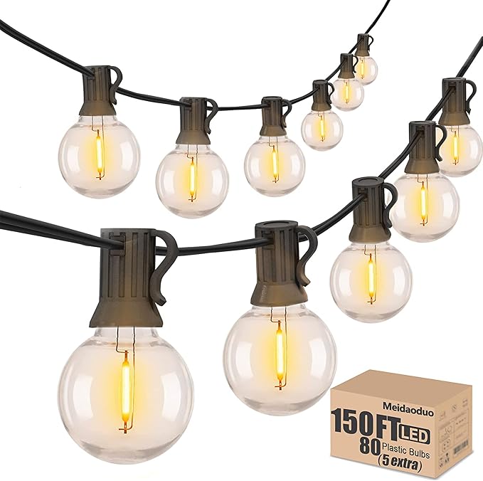 LED Outdoor String Lights for Outside 150FT G40 Patio String Lights Connectable Waterproof with 80 Shatterproof Bulbs(5 Extra), E12 Hanging Bistro Lights for Backyard Pergola Gazebo Lights