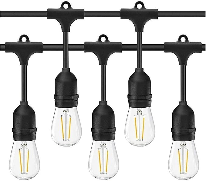 LED S14 Outdoor String Lights Mains Powered, 49FT Heavy Duty Commercial Grade IP65 Festoon Lights with 15Pcs 2W LED Edison Bulbs E27 Base Perfect for Party, Backyard, Cafe, Wedding, Christmas