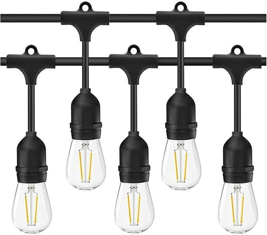 LED S14 Outdoor String Lights Mains Powered, 49FT Heavy Duty Commercial Grade IP65 Festoon Lights with 15Pcs 2W LED Edison Bulbs E27 Base Perfect for Party, Backyard, Cafe, Wedding, Christmas