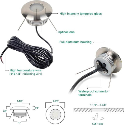 Low Voltage LED Deck Step Light, 1W DC12V 24V LED Mini Well Lights Waterproof In-ground Light 3000K Footlight for Indoor Outdoor Stairs, Handrail, Fence, Wall Corner (Warm White)