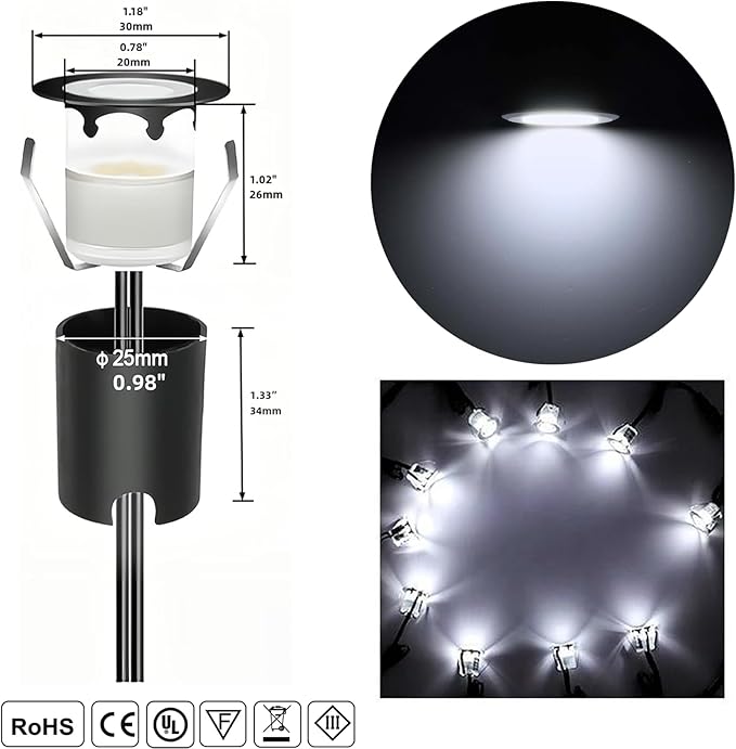 RNEHON Recessed LED Deck Lights Kits with Protecting Shell, Φ1.18in Cool White Low Voltage 12V IP67 Waterproof | Lumora