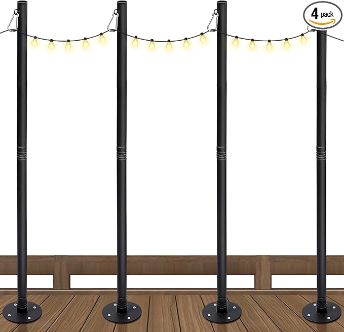 4 Pack 10 Ft String Light Poles for Outdoor String Lights, Heavy Duty Metal Outdoor Light Poles for Deck, Backyard | Lumora