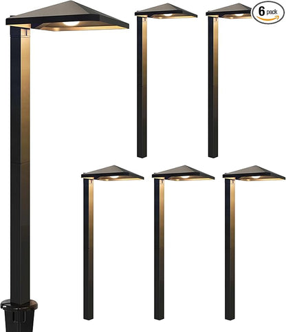 GKOLED 6 Pack UL Listed Low Voltage Pathway Lights, 12V 3W 140LM 3000K Waterproof LED Landscape Lighting, for Outdoor Walkway, Sidewalk, Driveway, with Large Stake, Die-cast Aluminum Housing, Black
