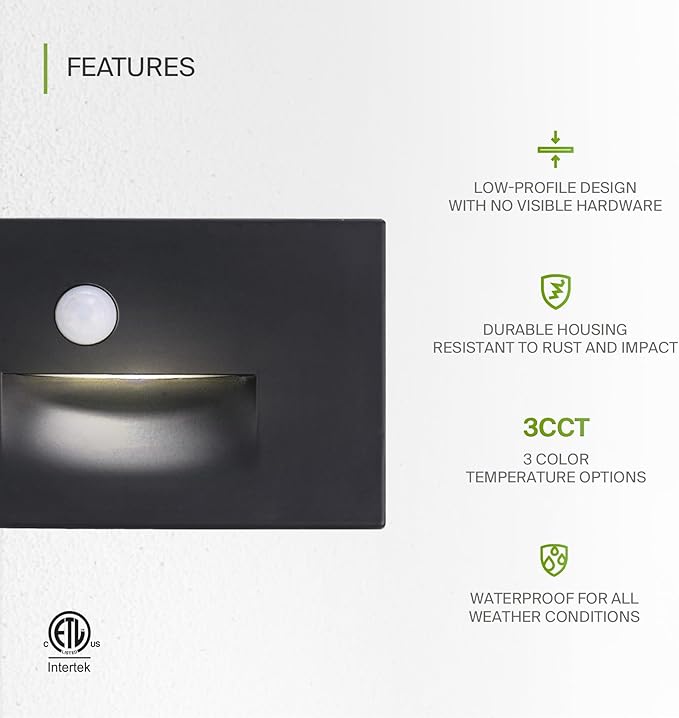 ASD LED Recessed Step Light Fixture, Outdoor & Indoor Stair Tread Lighting | 3CCT, Motion Sensor, Waterproof, ETL Listed | 3W 120LM 3000K-5000K 120V | Staircase Hardwired Illumination | Black