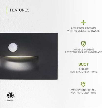 ASD LED Recessed Step Light Fixture, Outdoor & Indoor Stair Tread Lighting | 3CCT, Motion Sensor, Waterproof, ETL Listed | 3W 120LM 3000K-5000K 120V | Staircase Hardwired Illumination | Black