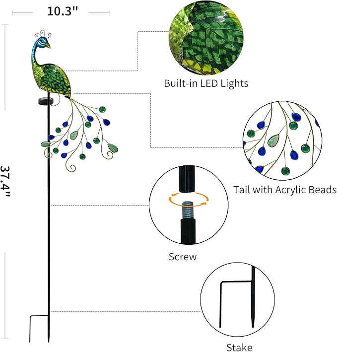 Peacock Solar Garden Stake Lights Decorative, Waterproof Metal Glass Landscape Path Lights for Outdoor Patio Lawn Yard, Upgrade