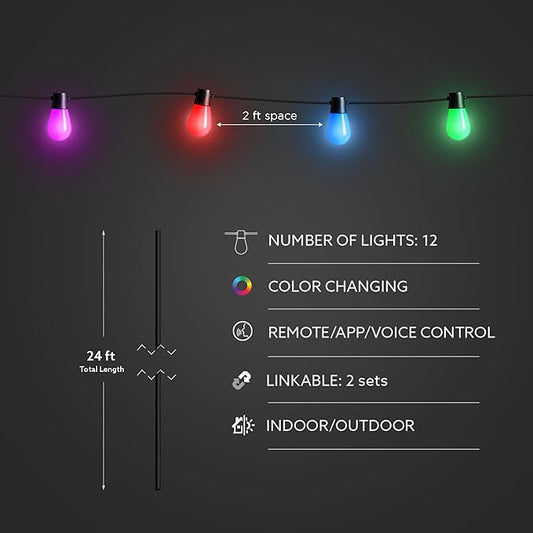 Feit Electric 24ft Smart Outdoor String Lights, 12 Socket Color Changing Works with Alexa/Google Assistant, Heavy Duty and Weather Resistant - Frosted Bulb - LVSL24-12/RGBW/AG