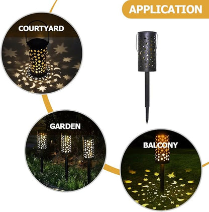 4pcs Solar-Powered Outdoor Garden Stake Lights, Iron Hollow Star and Moon Design, Solar Lawn Pathway Lamps for Yard Decoration