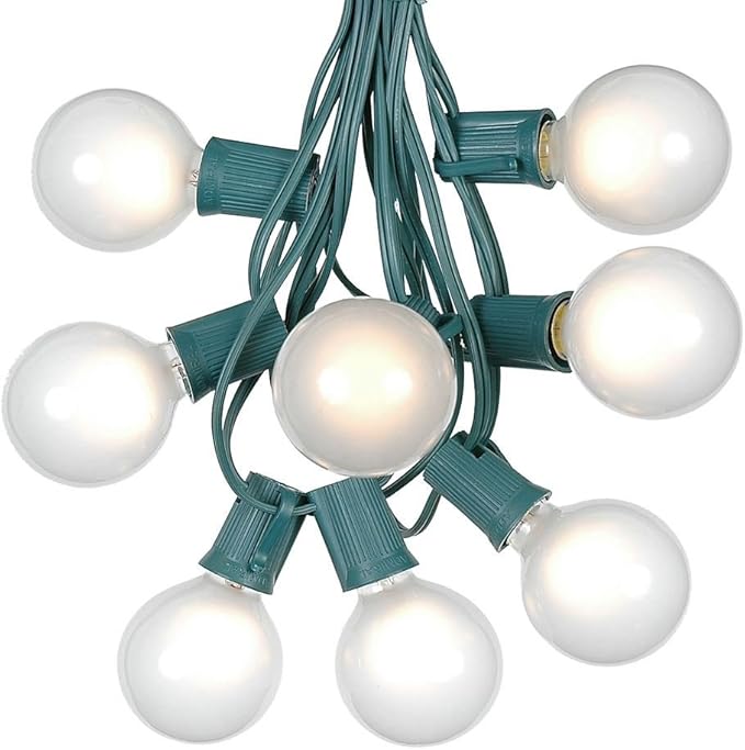 G50 Patio String Lights with 25 Frosted Globe Bulbs – Outdoor String Lights – Market Bistro Café Hanging String Lights – Patio Garden Umbrella Globe Lights - Green Wire - 25 Feet