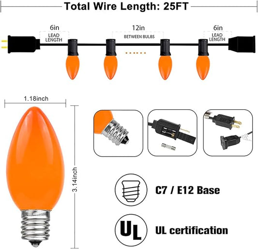 C9 Ceramics Orange String Lights, 25Ft Outdoor Halloween String Light with 26 Ceramics Orange Bulbs(1 Spare), Halloween Lights for Indoor Outdoor Party Holiday Decor, Black Wire