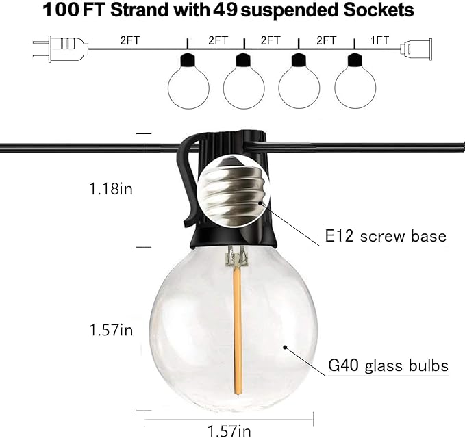 Banord 100FT G40 Globe String Lights, 2700K LED Outdoor Patio Lights String with 50 Dimmable Shatterproof Bulbs | Lumora