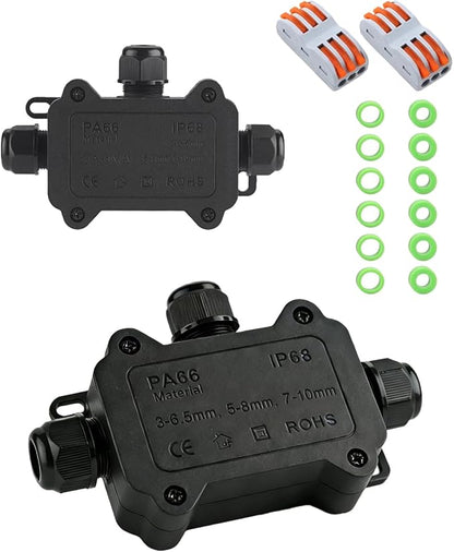 Outdoor Junction Box 3 Way, IP68 External Waterproof Electrical Box, Suitable for Garden Lights, Tunnel Lights,Underground Wiring(2 PCS-Small)