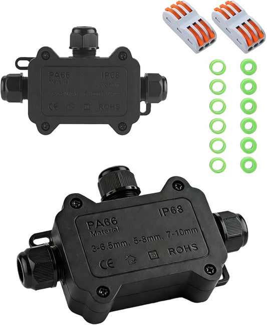 Outdoor Junction Box 3 Way, IP68 External Waterproof Electrical Box, Suitable for Garden Lights, Tunnel Lights,Underground Wiring(2 PCS-Small)