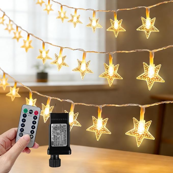49.2ft Warm White Star String Lights, 100 LED with 16ft Extended Lead Wire & Remote, 8 Modes, IP44 Waterproof Plug in Linkable Lights for Outdoor Indoor Party Wedding