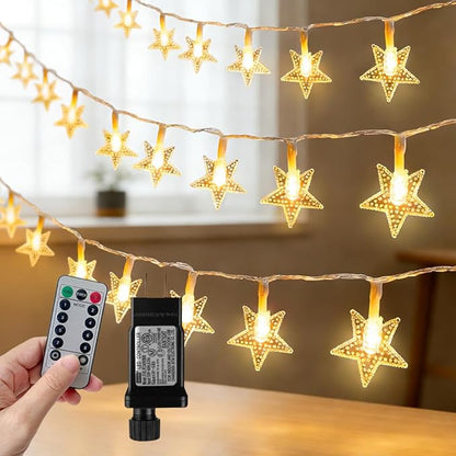 49.2ft Warm White Star String Lights, 100 LED with 16ft Extended Lead Wire & Remote, 8 Modes, IP44 Waterproof Plug in Linkable Lights for Outdoor Indoor Party Wedding