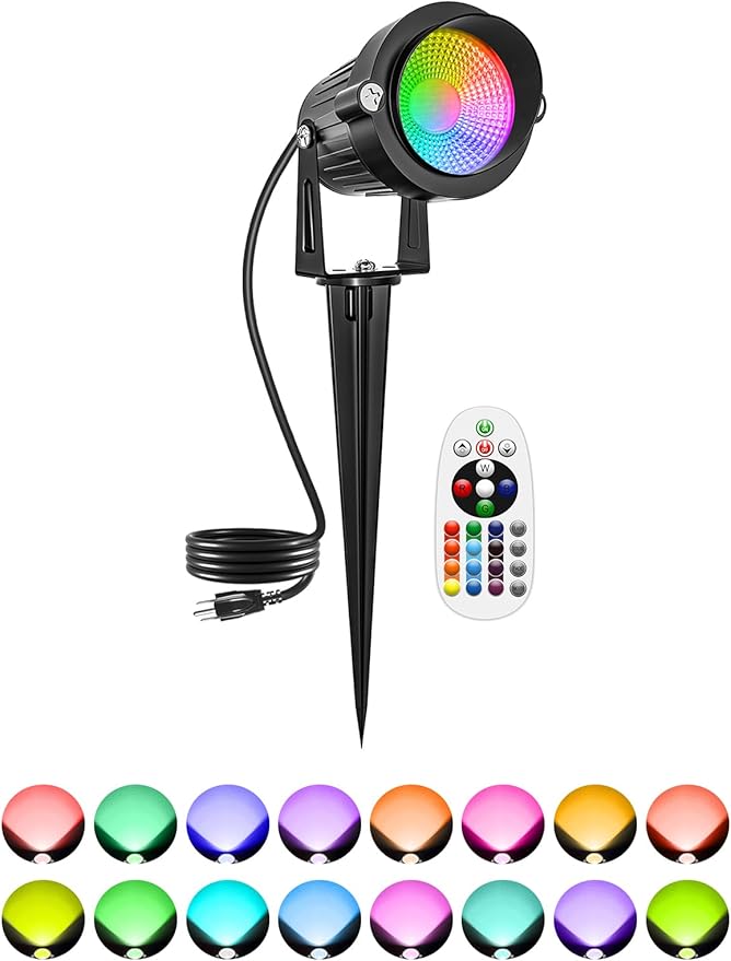 Christmas RGBW Outdoor Spotlights for Yard, 10W Color Changing Landscape Lights with Remote Control 120V LED Landscape Lighting Waterproof Spotlight with Plug Tree Garden Path Decoration(1Pack)
