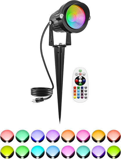 Christmas RGBW Outdoor Spotlights for Yard, 10W Color Changing Landscape Lights with Remote Control 120V LED Landscape Lighting Waterproof Spotlight with Plug Tree Garden Path Decoration(1Pack)