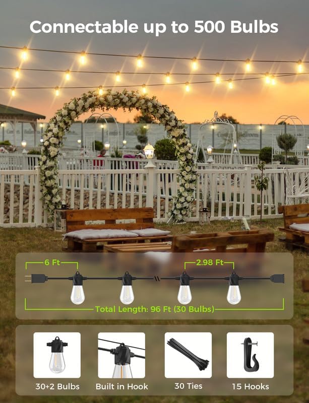 XMCOSY+ 96Ft Outdoor String Lights - LED Waterproof Patio Lights with 32 Edison Bulbs, Dimmable Hanging String Lights for Outside, Porch, Yard, House